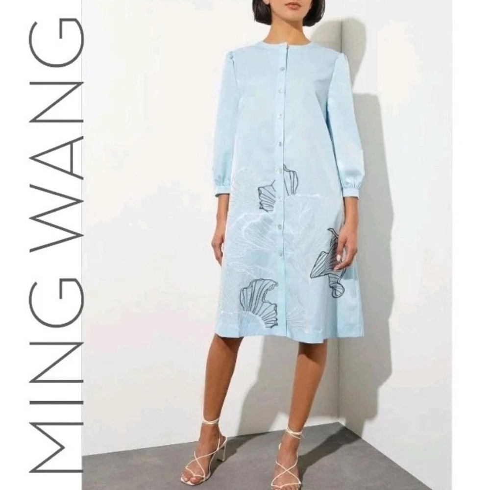 Ming Wang Embroidered Seashell Button-Front Shirt Dress Light Blue‎ XXS NEW